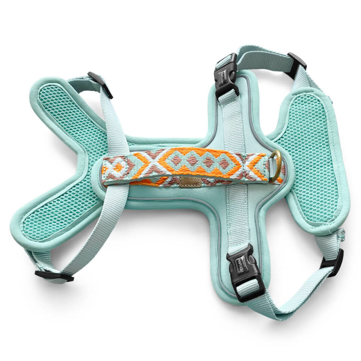 Premium padded dog harness Tres Chic in mint/orange at the back