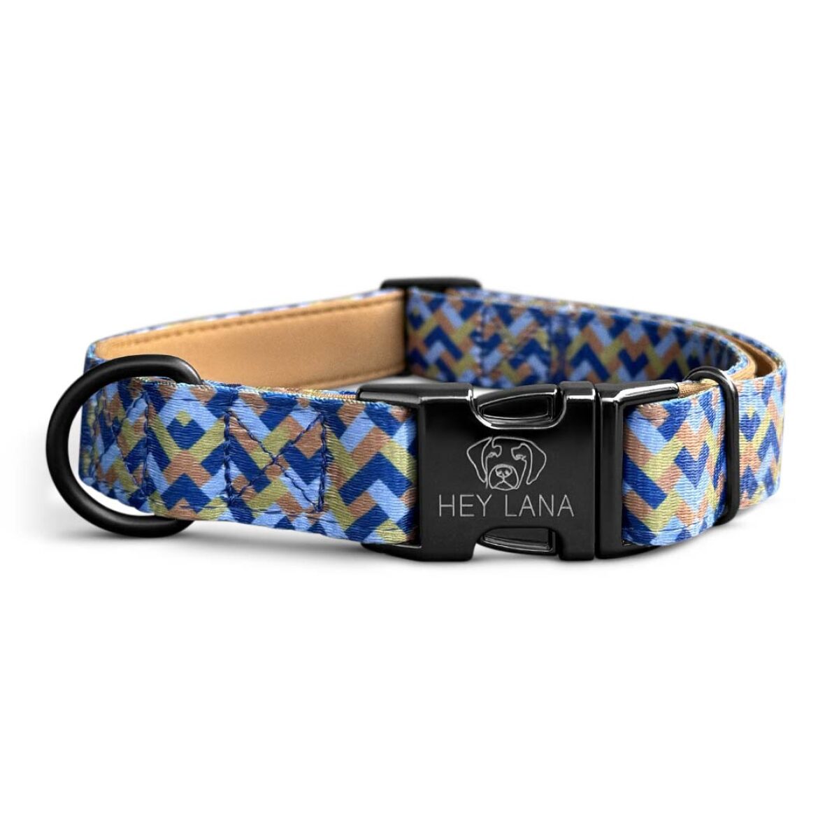 Kunterbunt dog collar in moccha/blue at the front